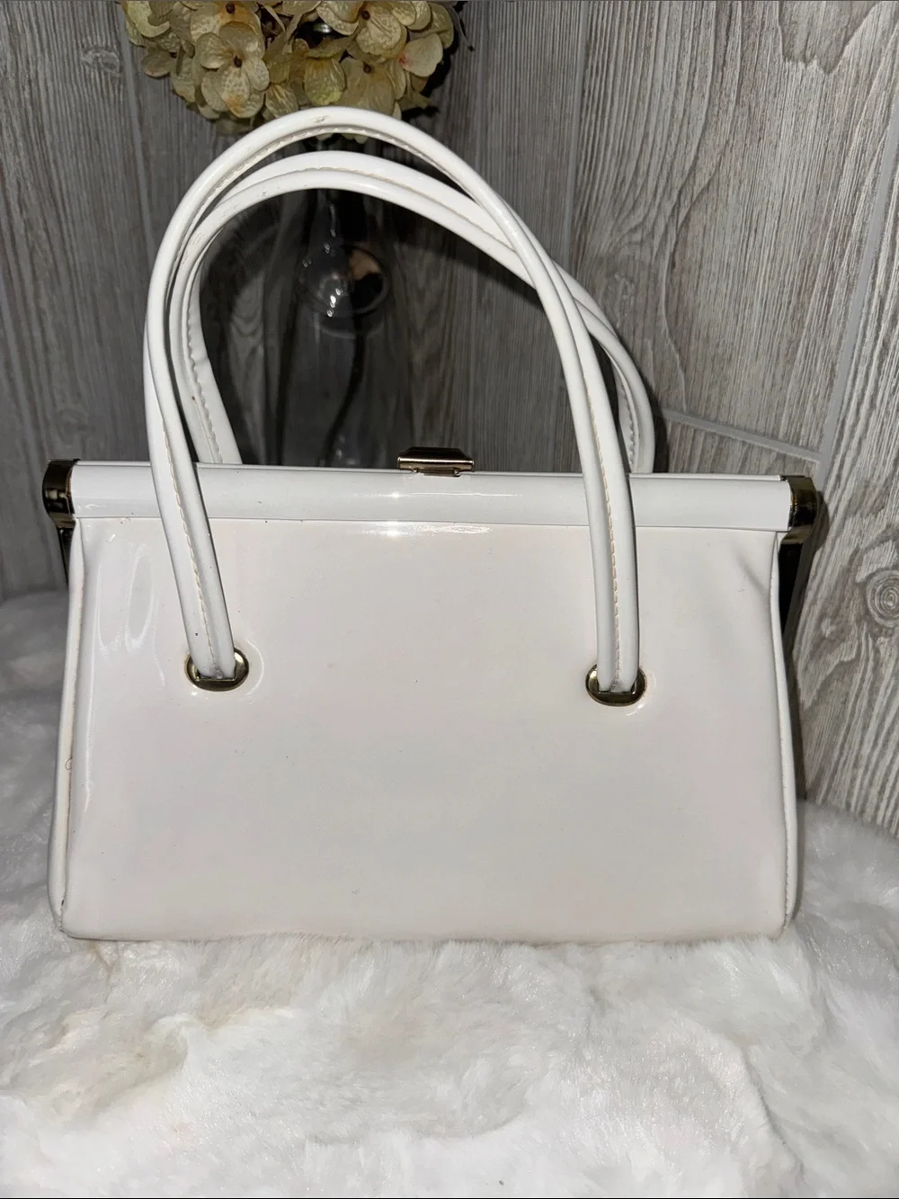 Vintage Structured White Patent Top-Handle Satchel